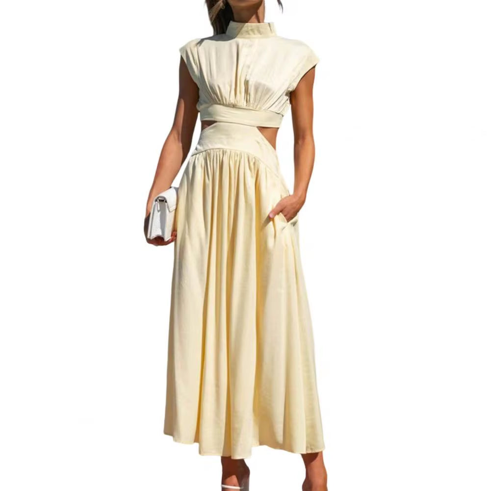Women Green Hollow Out Maxi Dress Solid Fashion Sleeveless Backless Female Dresses Elegant Casual Ruched Long Dress Summer 2023