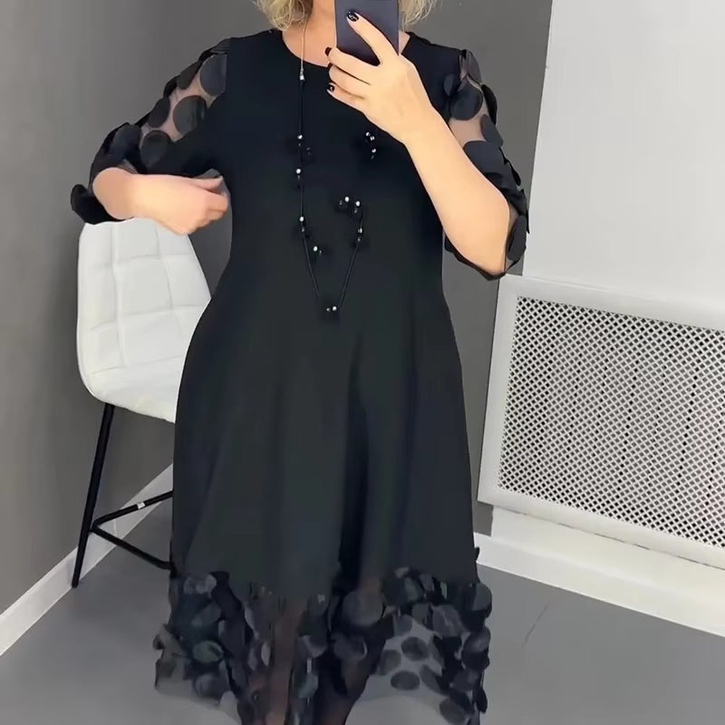 New Elegant O Neck Solid Color Commuting Dress Simple Loose Half Sleeved A-Line Dress Casual Mesh Patchwork Women'S Party Dress